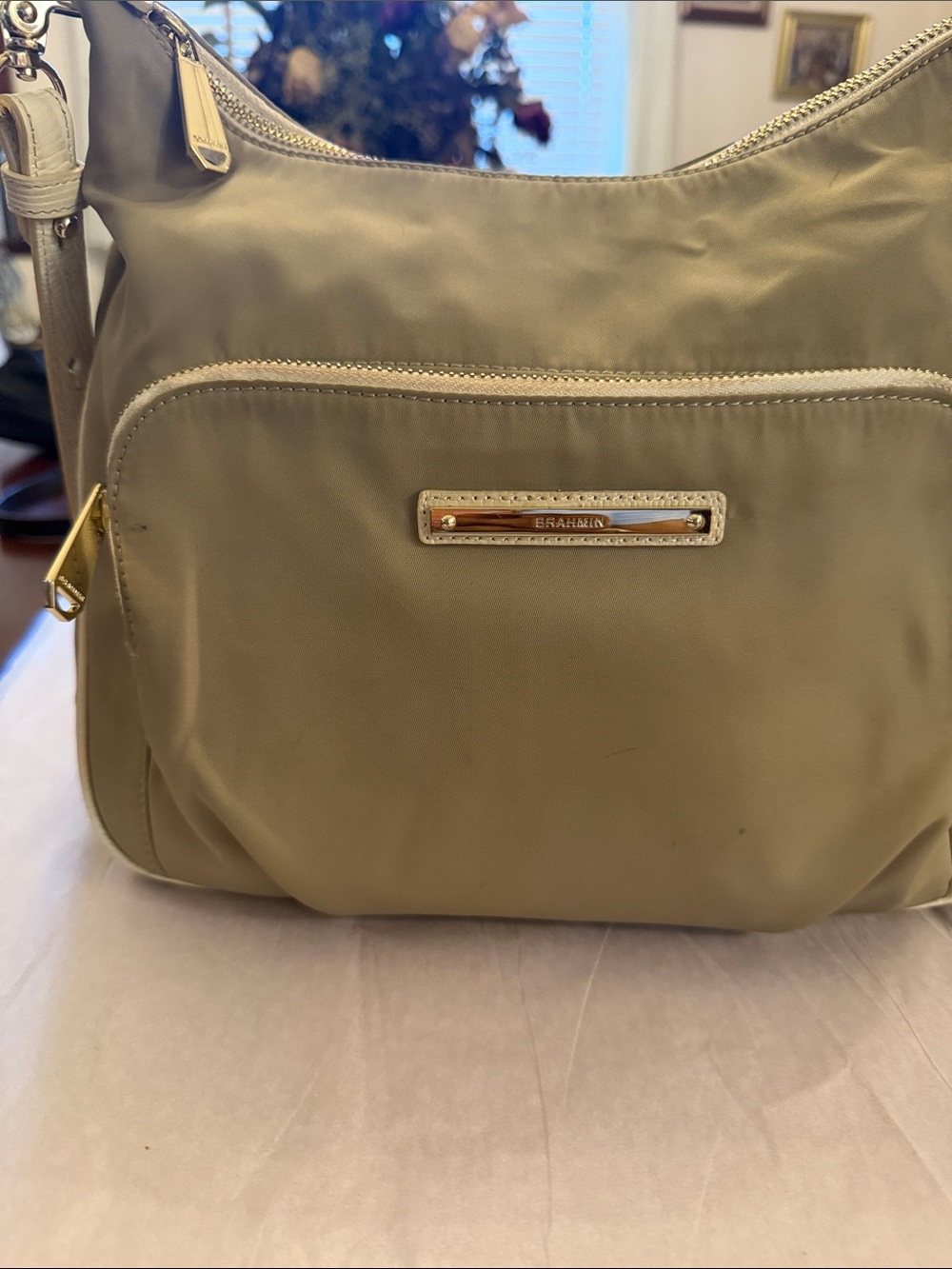 Brahmin Taupe Cream Nylon Crossbody with Gold Hardware